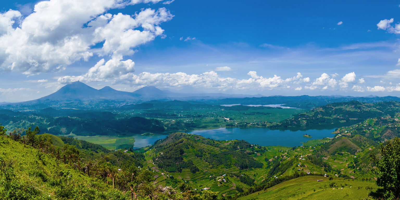 The Virungas In The Background With Lake Mutanda And Lake Mulehe In The Front View Taken From Kisoro 1536x771 1